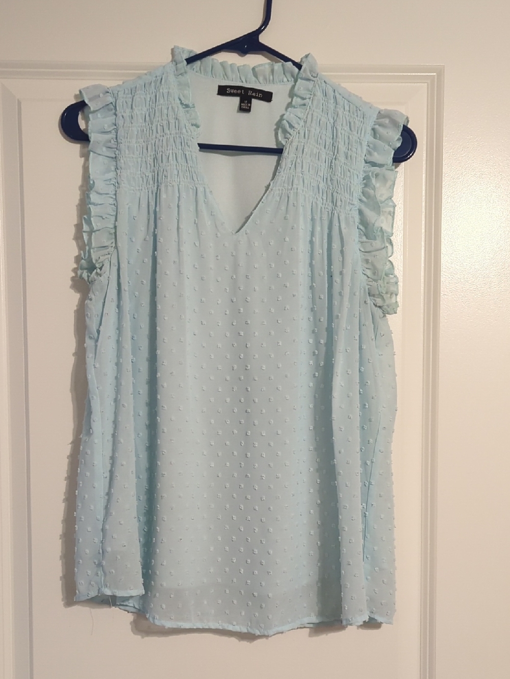 Sweet Rain Pale Blue Ruffle-Trim Swiss Dot V-Neck Top